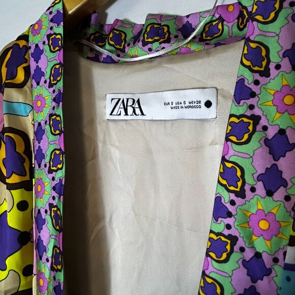 Zara Satin Effect Colorful Boho Floral Belted LS Kimono Duster Robe Size S - Picture 6 of 16